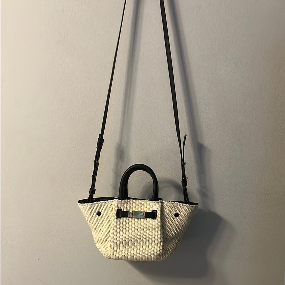 DeMellier London Raffia Cream & Black Crossbody Bag